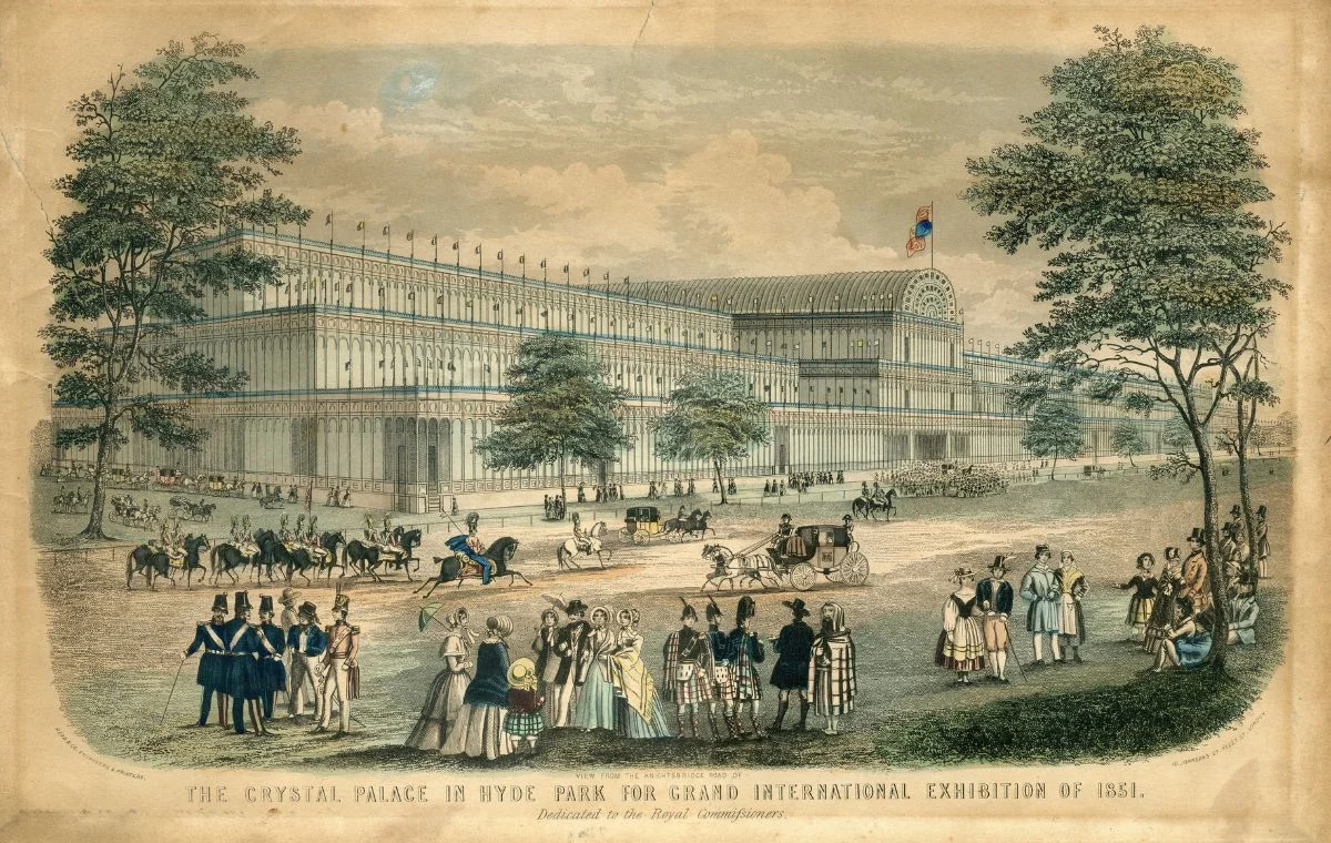 Vista da Knightsbridge Road do Crystal Palace no Hyde Park para a Grande Exposição Internacional de 1851. Dedicado aos Royal Commissioners., Londres: Read & Co.